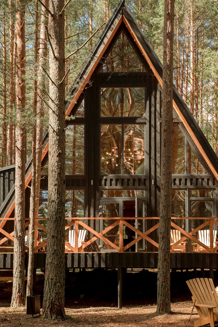 A rustic A-frame cabin nestled amidst tall pine trees, perfect for a serene getaway.